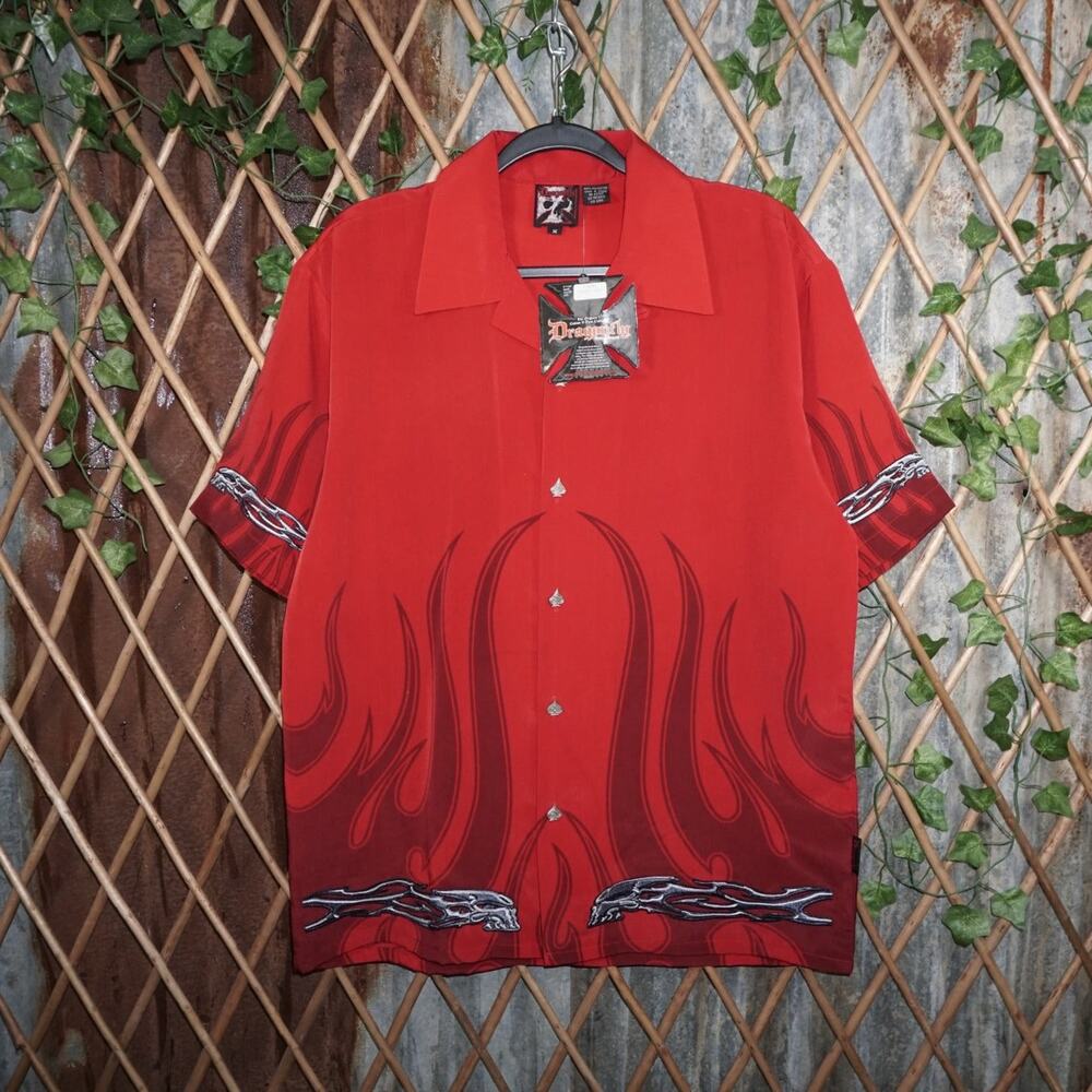 M - Vintage Y2K Dragonfly Shirts flame embroider button